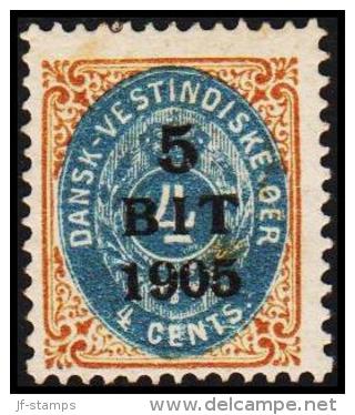 1905. Surcharge. 5 BIT On 4 C. Brown/blue Inverted Frame. (Michel: 38 II) - JF128191 - Dänisch-Westindien