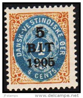 1905. Surcharge. 5 BIT On 4 C. Brown/blue Inverted Frame. Position 98. (Michel: 38 II) - JF128192 - Deens West-Indië