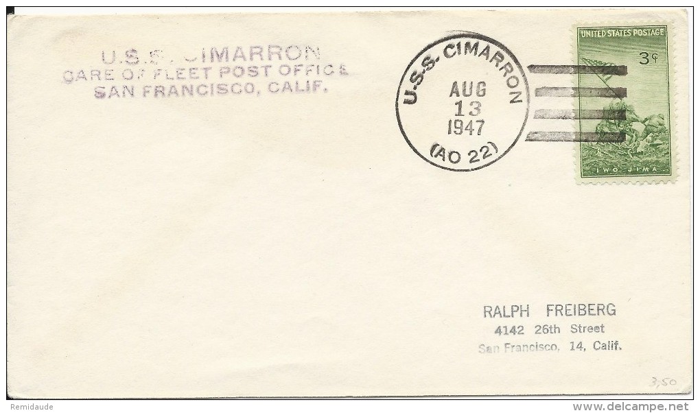 USA - 1947 - ENVELOPPE Avec CACHET NAVAL Du U.S.S CIMARRON à SAN FRANCISCO - Postal History