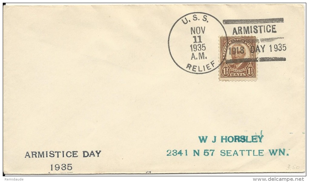 USA - 1935 - ENVELOPPE Avec CACHET NAVAL Du U.S.S RELIEF - ARMISTICE DAY - Marcofilia