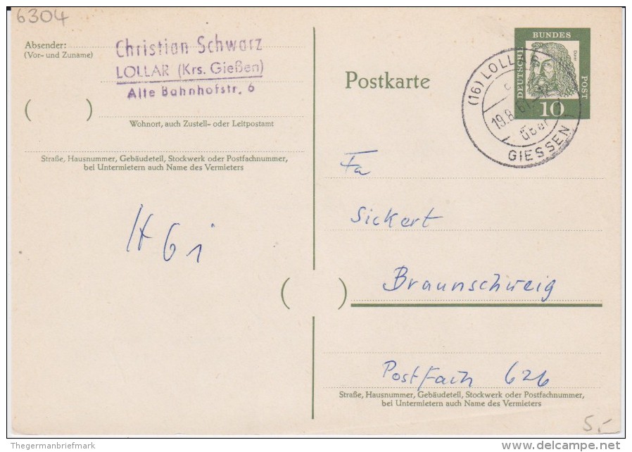 Bund Bed Dt Gzs P 60 PSt I Stempel Lollar ü Gießen 1961 - Postcards - Used