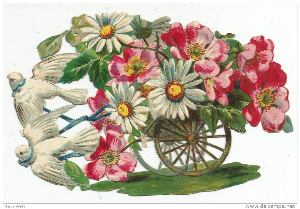 CHROMOS DECOUPIS  (gauffré) COLOMBES TIRANT UN CHARIOT DE FLEURS. - Bloemen