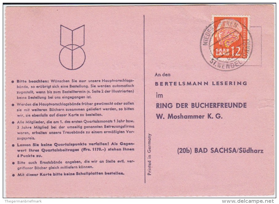 Saarland Heuss Mi 387 PSt I Stempel Niederkirchen ü St Wendel Kte 1957 - Lettres & Documents