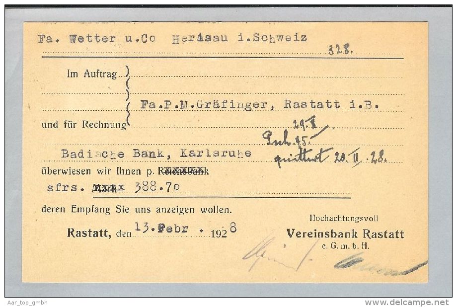 Motiv Bank Geld 1928-02-13 Postkarte Perfin Vereinsbank Rastatt - Non Classés
