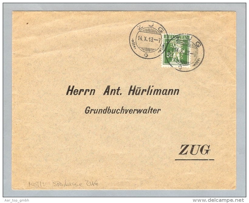 Motiv Bank Geld 1913-10-14 Brief Perfin S.Z. Sparkasse Zug - Non Classés