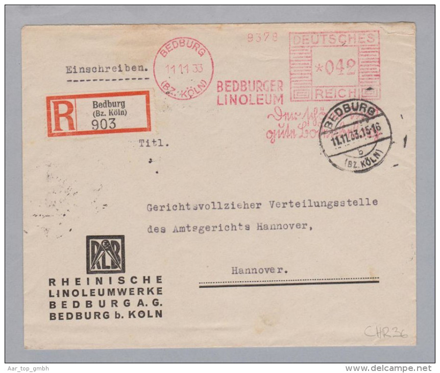 Motiv Bau Linoleum Bedburg 1933-11-11 Frei-O R-Brief 42 Pf. - Macchine Per Obliterare (EMA)