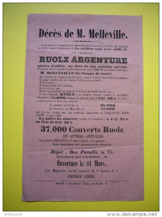 Pub 19 ème Société Ruolz Argenture Mr Melleville Marseille Au Dos Timbre Bouches Du Rhône - Werbung