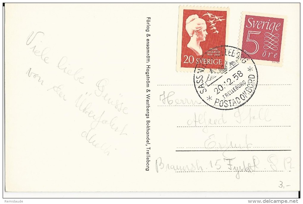 SUEDE - 1958 - CARTE Du PAQUEBOT MS "TRELLEBORG" Avec CACHET MARITIME LIGNE "SASSNITZ à TRELLEBORG"  => ERFURT - Briefe U. Dokumente