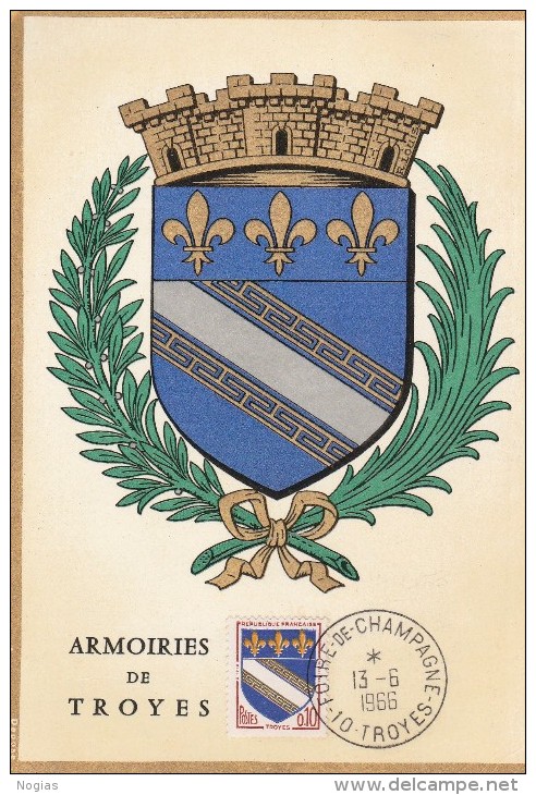 SUPERBE CARTE - COLORISEE - DES ARMOIRIES DE TROYES - CACHET POSTAL DE LA FOIRE DE CHAMPAGNE DU 13.06.66 - 2 SCANNS -TOP - Troyes