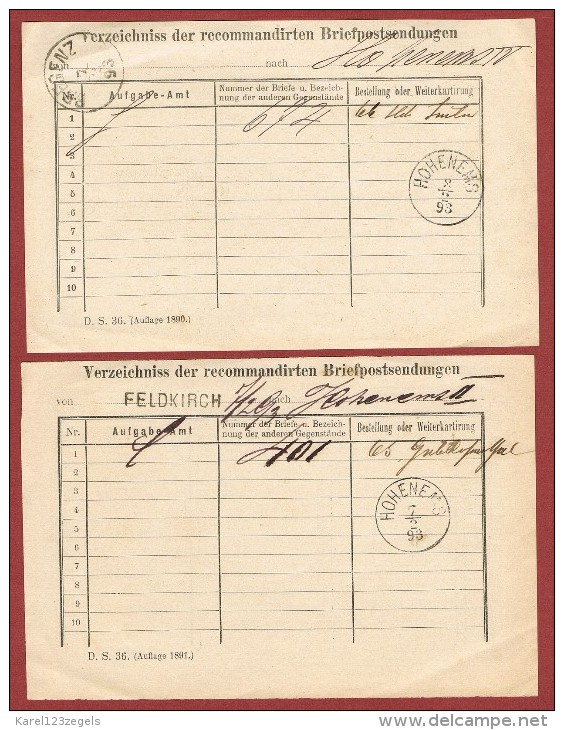 2 Versch. Verzeignisse Der Recommandirten Briefpostsendungen 1893 - Brieven En Documenten
