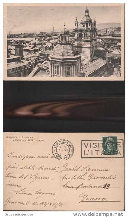 251) GENOVA PANORAME DEI TETTI E CATTEDRALE SAN LORENZO VIAGGIATA 1937 NITIDA TARGHETTA VISITATE L'ITALIA - Genova