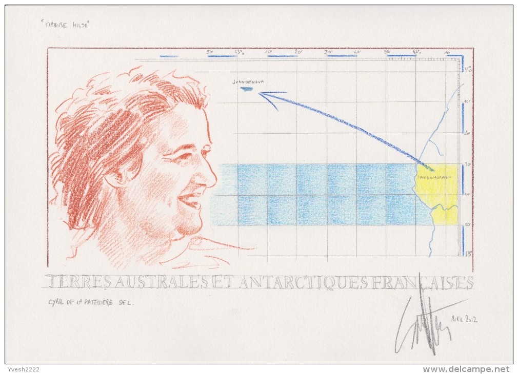 TAAF 2012 Y&T 639/40. 5 Dessins Originaux, Partiellement Retenus. Maryse Hilsz, Parachutiste, Pionnière D´aviation - Parachutisme