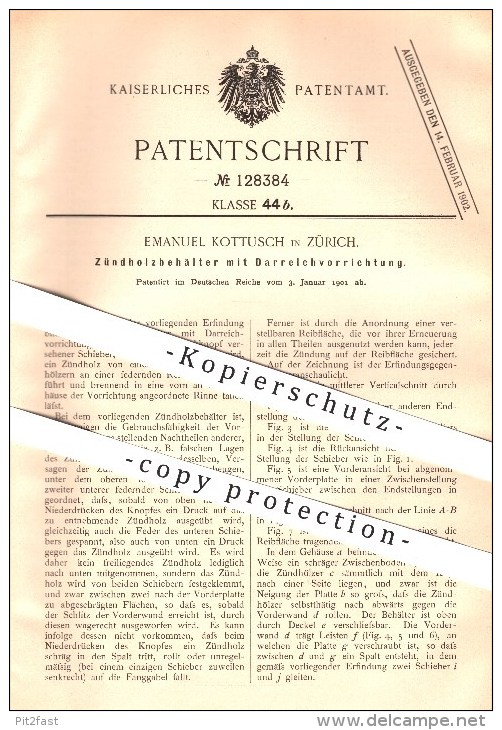 Original Patent - Emanuel Kottusch In Zürich , 1901 , Zündholzbehälter , Streichholz , Feuer , Zündholz !!! - Boites D'allumettes