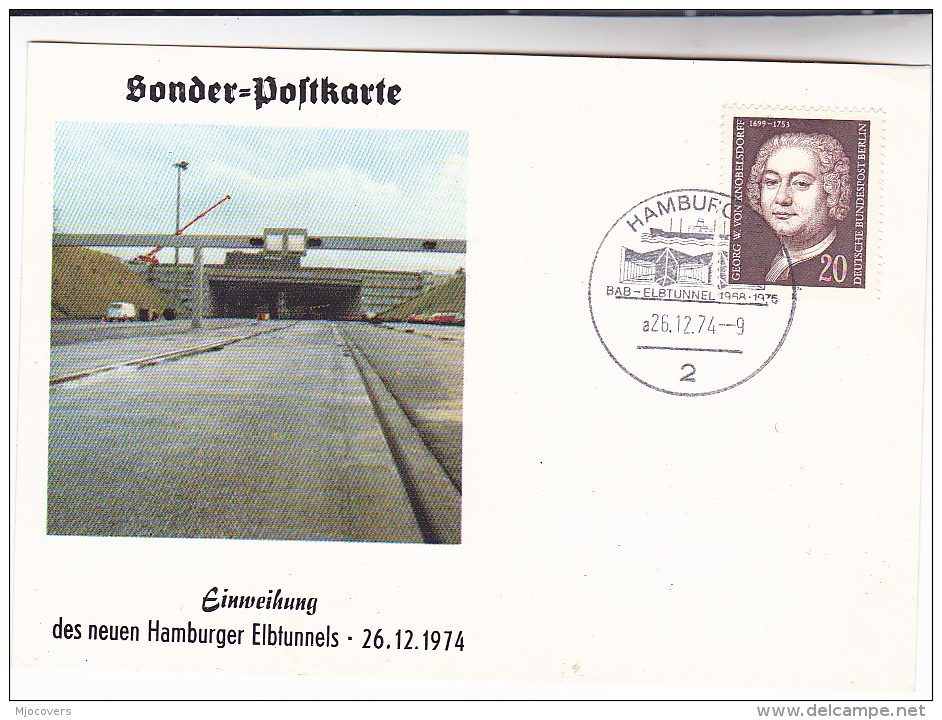 1974 WEST BERLIN The ELBE TUNNEL EVENT COVER (card) ROAD Knobelsdorf Architect  Stamps Germany - Cars