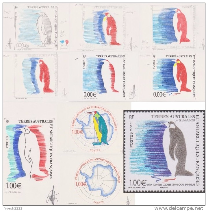 TAAF 2015 Michel 884. 9 Dessins Originaux, Partiellement Retenus, Dont Esquisses. Manchots Empereurs - Ongetande, Proeven & Plaatfouten