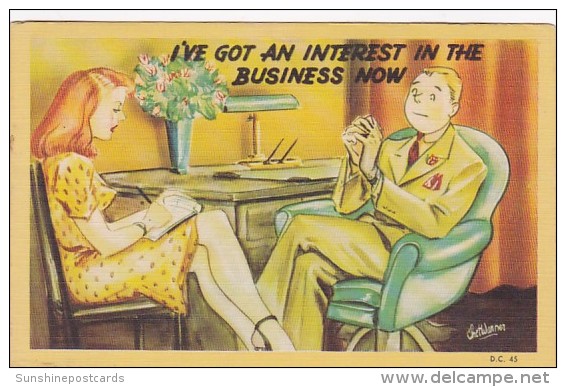 Humour Couple Sitting At Desk I've Got An Interest In The Business Now Signed Warner - Humour