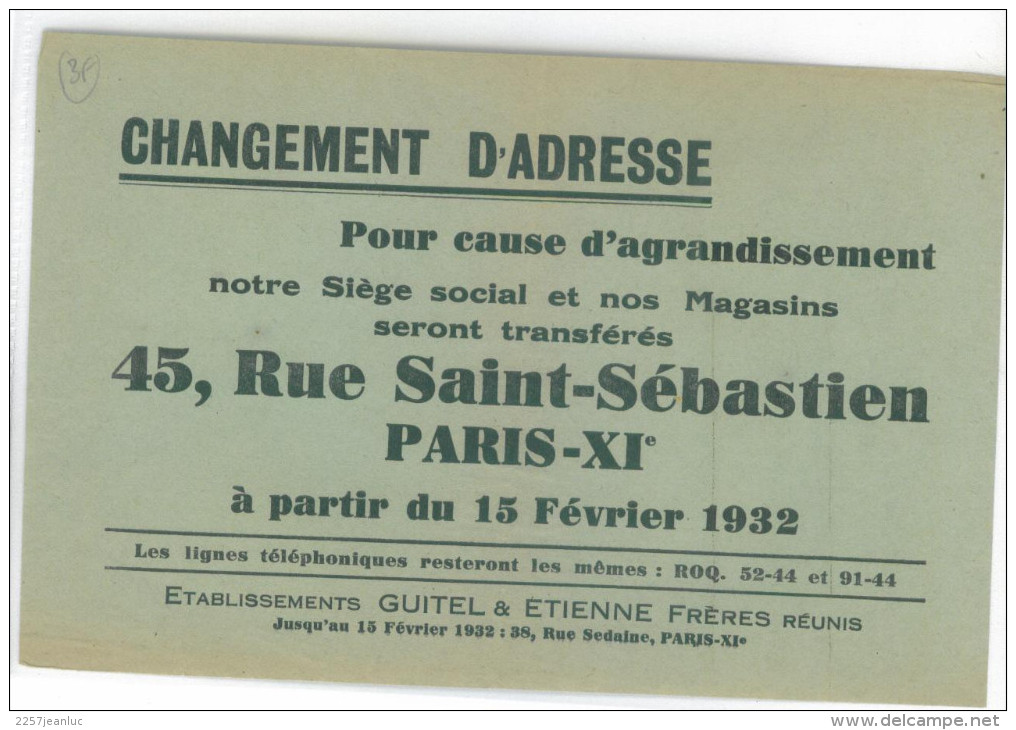 Affiche De Changement D'Adresse à Paris Xi  Des Ets Guitel Etienne  Le 15/02/1932 - Affiches