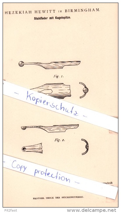 Original Patent - Hezekiah Hewitt In Birmingham , 1883 , Stahlfeder Mit Kugelspitze , Feder , Schreibfeder !!! - Vulpen