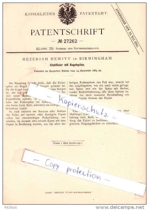 Original Patent - Hezekiah Hewitt In Birmingham , 1883 , Stahlfeder Mit Kugelspitze , Feder , Schreibfeder !!! - Plumes