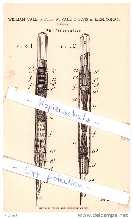 Original Patent - W. Vale In Firma W. Vale & Sohn In Birmingham , England , 1883 , Füllfederhalter , Federhalter  !!! - Schreibgerät