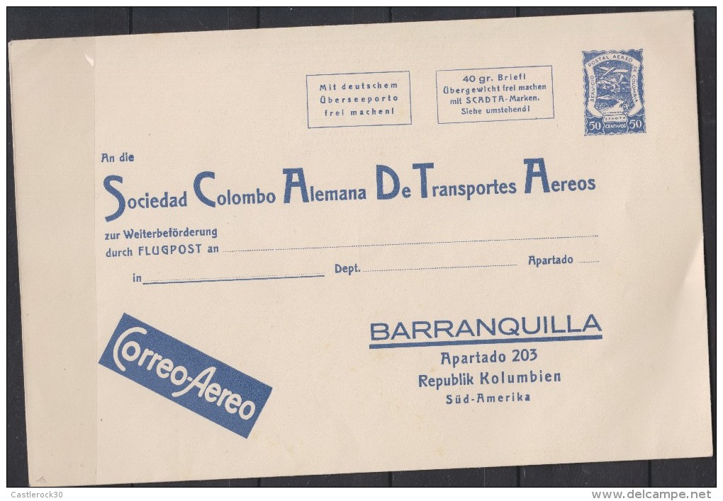 O) 1940 COLOMBIA, POSTAL STATIONARY SCADTA PRISTINE CONDITION, BIG FORMAT, RARE IN THIS CONDITION XF - Colombia