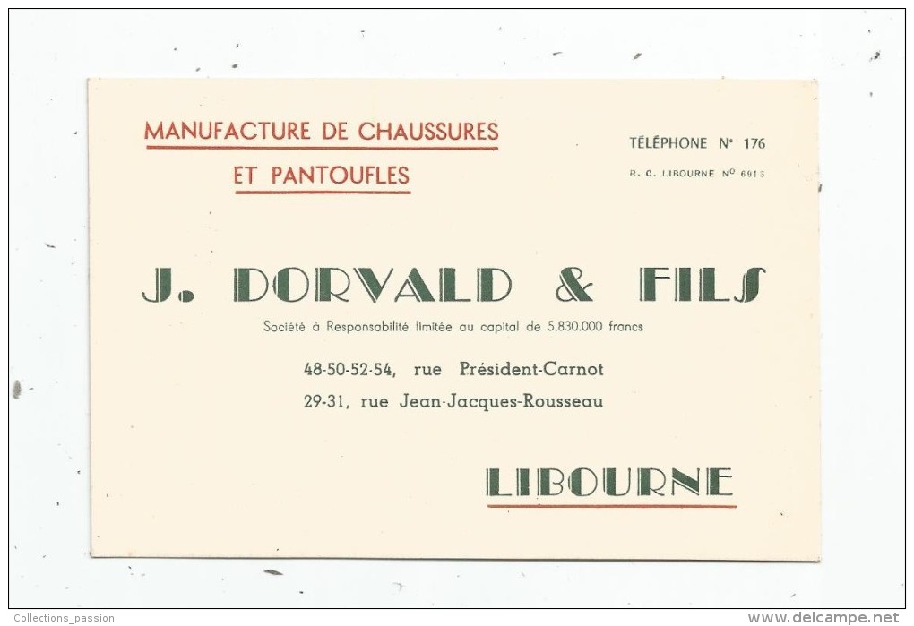 Carte De Visite , J. DORVALD & FILS , 33 , LIBOURNE , Chaussures Et Pantoufles - Cartes De Visite