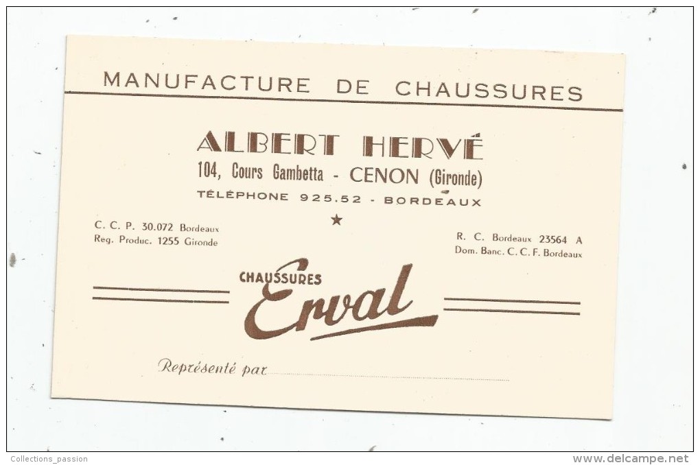 Carte De Visite , Albert HERVE , Chaussures ERVAL , 33 , CENON , Gironde , Manufacture De Chaussures - Visitenkarten