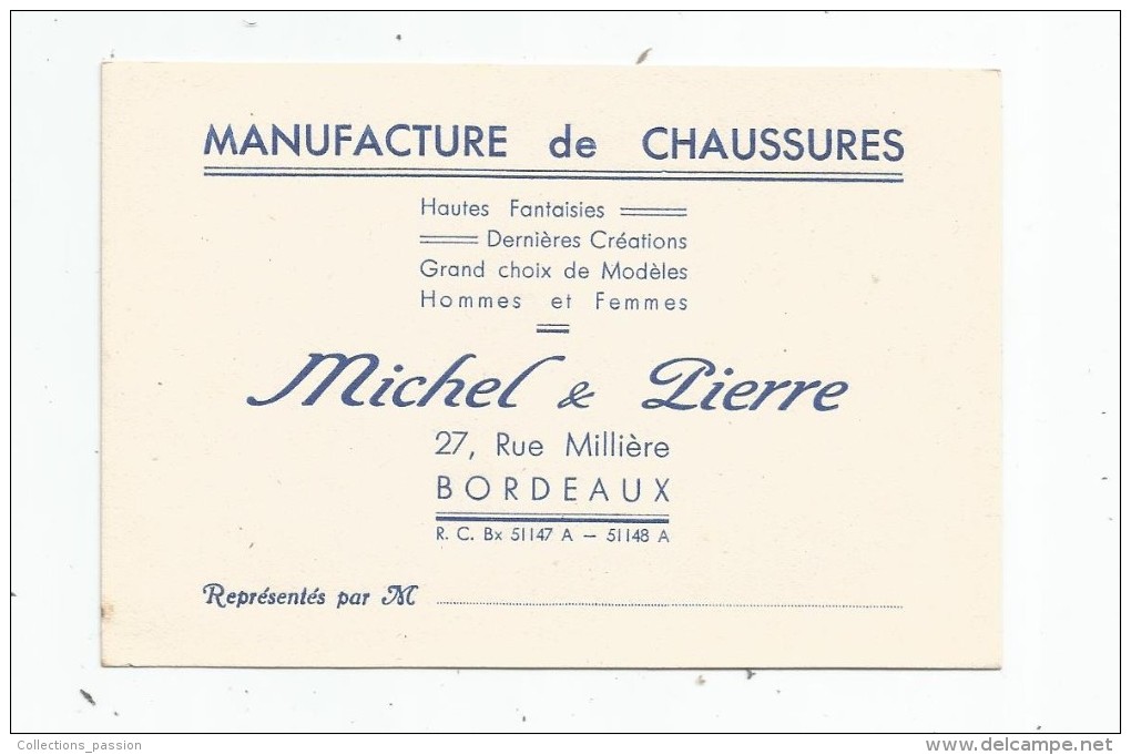 Carte De Visite , Manufacture De Chaussures , MICHEL & PIERRE , 33 , BORDEAUX - Cartes De Visite