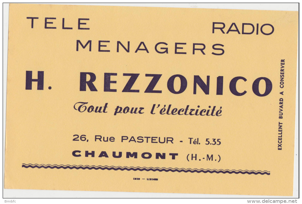 Télé Ménager Radio H. REZZONICO Tout Pour L'électricié  26, Rue Pasteur CHAUMONT - Electricity & Gas