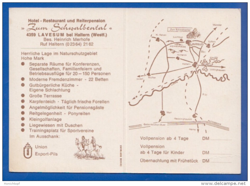 Deutschland; Lavesum Bei Haltern; Werbekarte Für Hotel Zum Schwalbental - Haltern