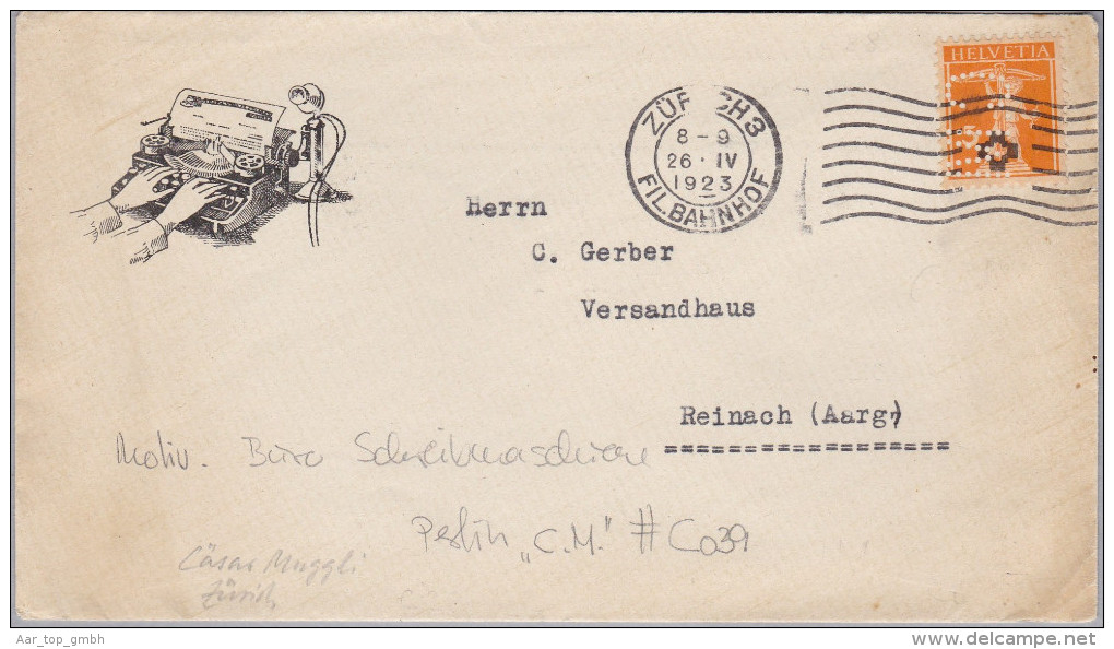 MOTIV BÜRO 1923-04-26 Zürich 3 Perfin Brief "C.M." #C039 Cäsar Muggli ZH - Frankiermaschinen (FraMA)