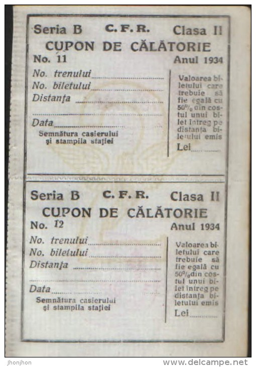 Romania - Two Travel Vouchers By Railway, 2nd Class, Bukovina Chernivtsi From The Year 1934 Unused - 2/scans - Europa