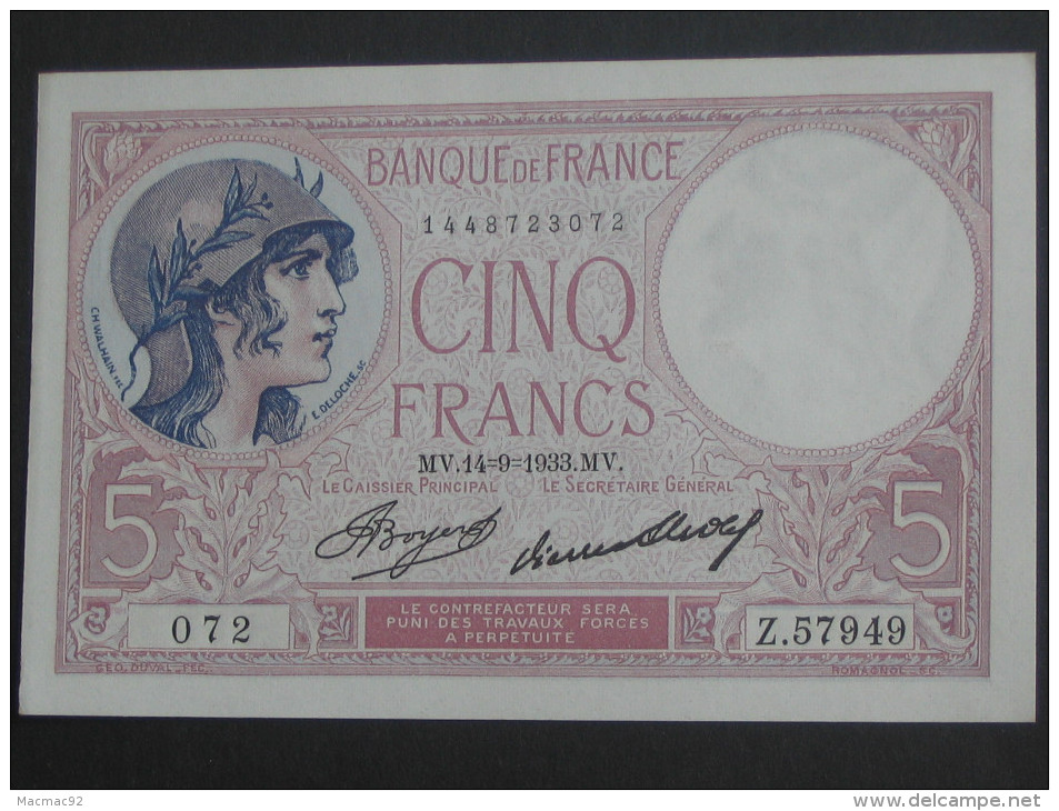 5 Francs - Cinq Francs Violet  14=9=1933   -- ETAT NEUF !!!!   **** EN ACHAT IMMEDIAT **** - 5 F 1917-1940 ''Violet''