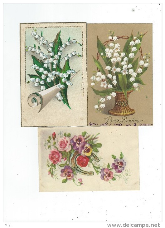 Fantaisies Fleurs Lot 3 Cartes Porte Bonheur 2 Muguet 1 En Relief  Et 1 Fleurs+ Fer à Cheval écrites - Autres & Non Classés