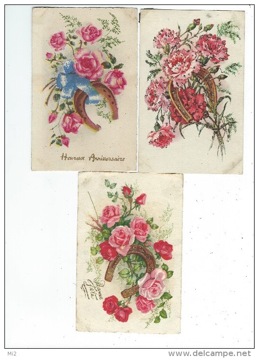 Fantaisies Fleurs Lot 3 Cartes Porte Bonheur  Fleurs Fer à Cheval 1 Avec Paillettes - Autres & Non Classés