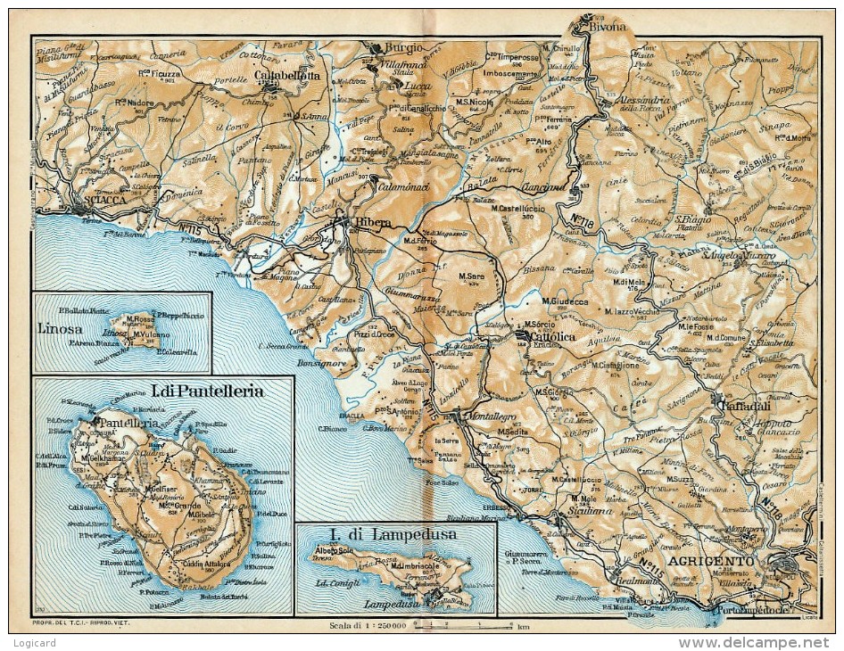 DA SCIACCA AD AGRIGENTO PANTELLERIA & LE ISOLE PELAGIE  MINI PIANTINA CARTOGRAFIA T.C.I. 1953 - Carte Geographique