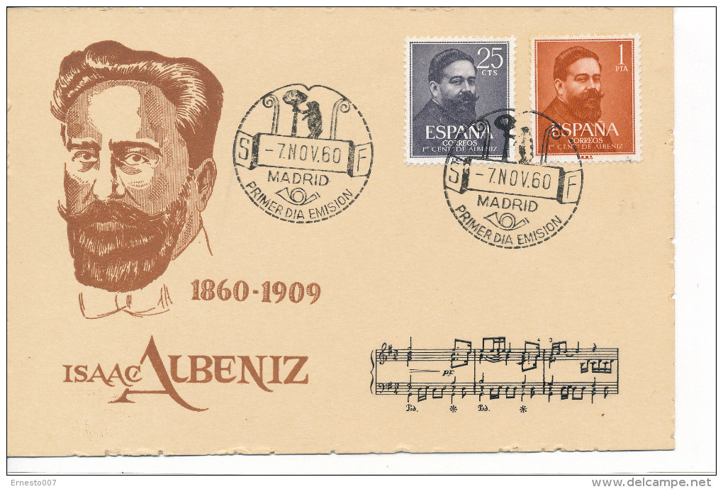 Spanien/España, Ersttagsbrief-Ersttagsansichtskarte/FDC-FDCard, Isaac Albeniz - 1960, Siehe Scan + *) - FDC