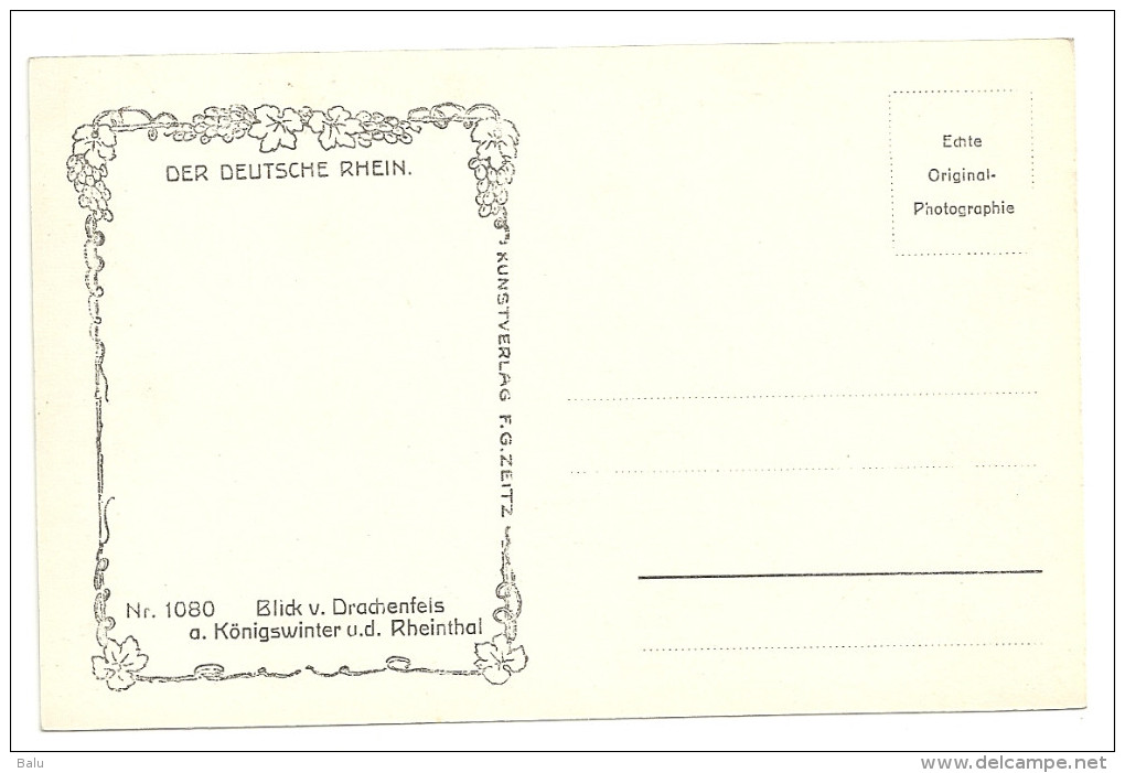 AK SW Postkarte Blick V.Drachenfels A. Königswinter U.d. Rheinthal. Ca. 1930. NEU. 2 Scans. F.G. Zeitz No. 1080 - Drachenfels