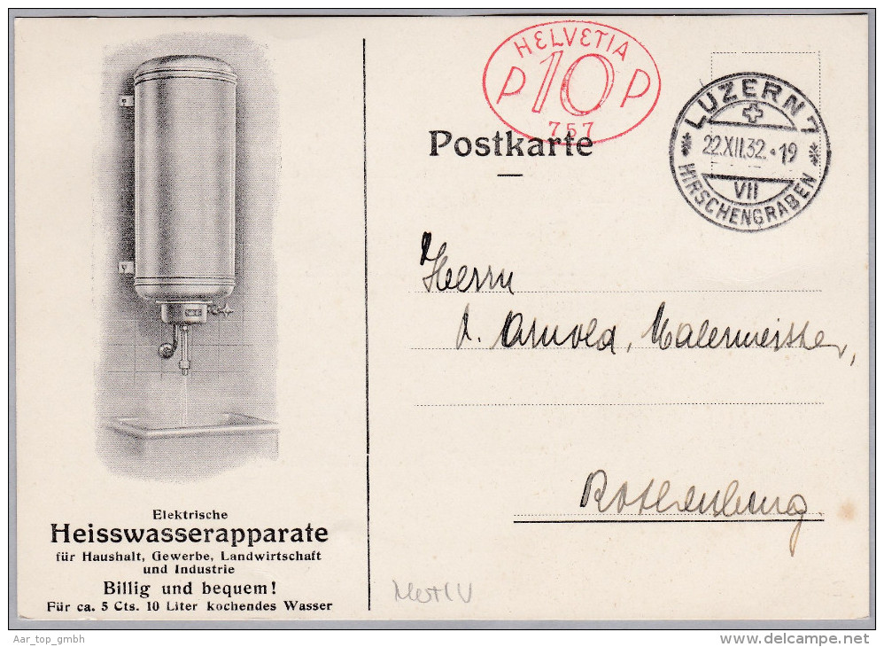 MOTIV HAUSALT Heisswasserapparate 1932-12-22 Luzern Frama"P10P#757" Postkarte - Frankiermaschinen (FraMA)