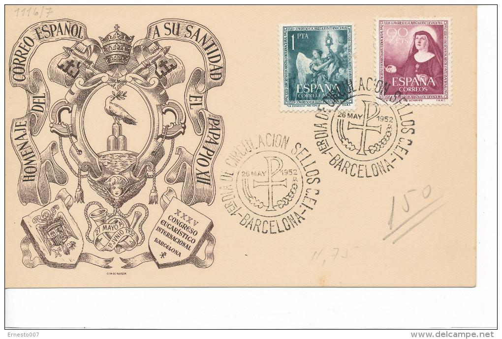 Spanien/España, Ersttagsbrief-Ersttagsansichtskarte/FDC-FDCard, XXXV Congreso Eucaristico International/Barcelona - 1952 - FDC