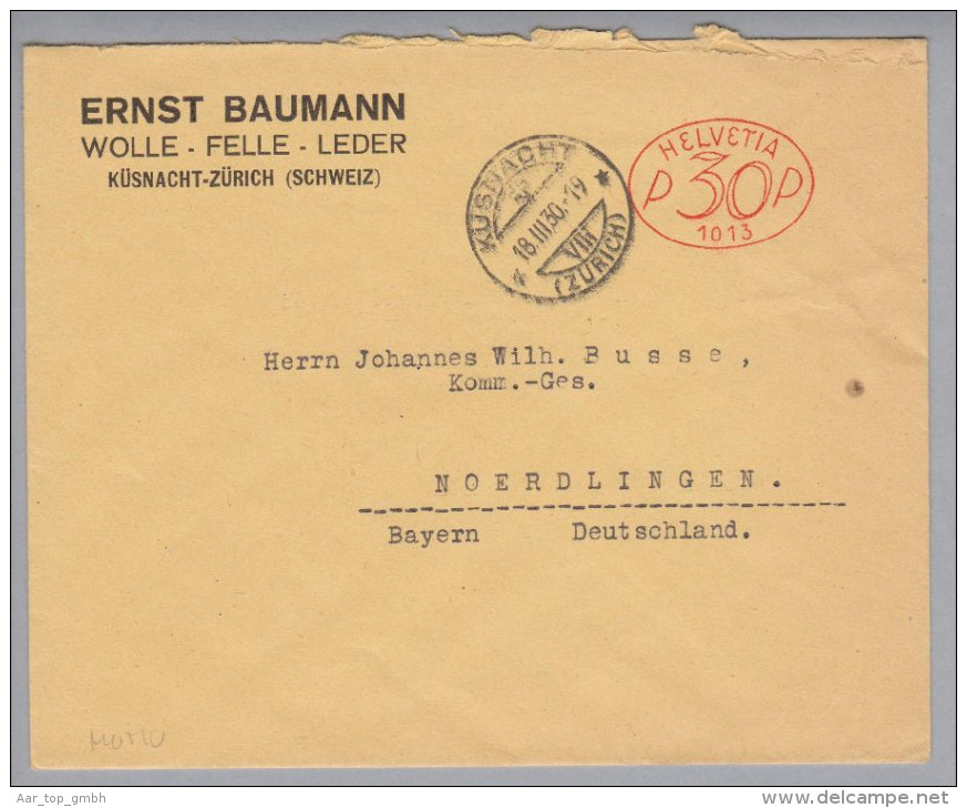 Motiv Haushalt Wolle Felle Leder Ernst Baumann Küsnacht ZH Frei-O #1013 Brief>DE - Frankiermaschinen (FraMA)