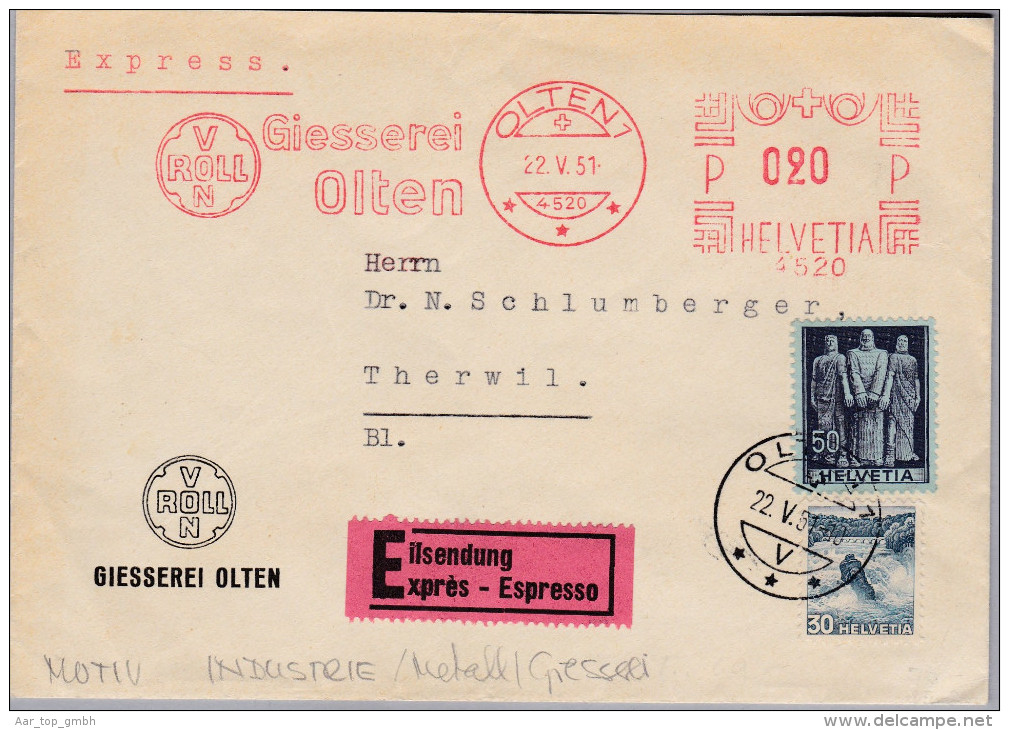 MOTIV Industrie Metall 1951-05-22 Olten 1 Gisserei Von Roll Express Brief - Frankiermaschinen (FraMA)