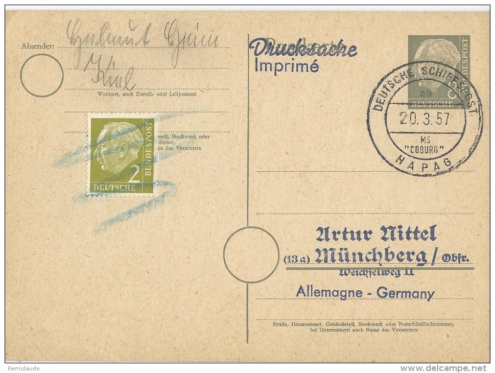 BRD - 1957 - CARTE ENTIER Avec CACHET MARITIME Du PAQUEBOT "COBURG" - DEUTSCHE SCHIFFSPOST - Cartes Postales - Oblitérées