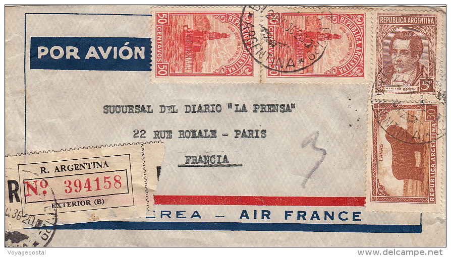 Lettre AIR FRANCE, Argentine Pour Paris Recommandé 1936 - Cartas & Documentos