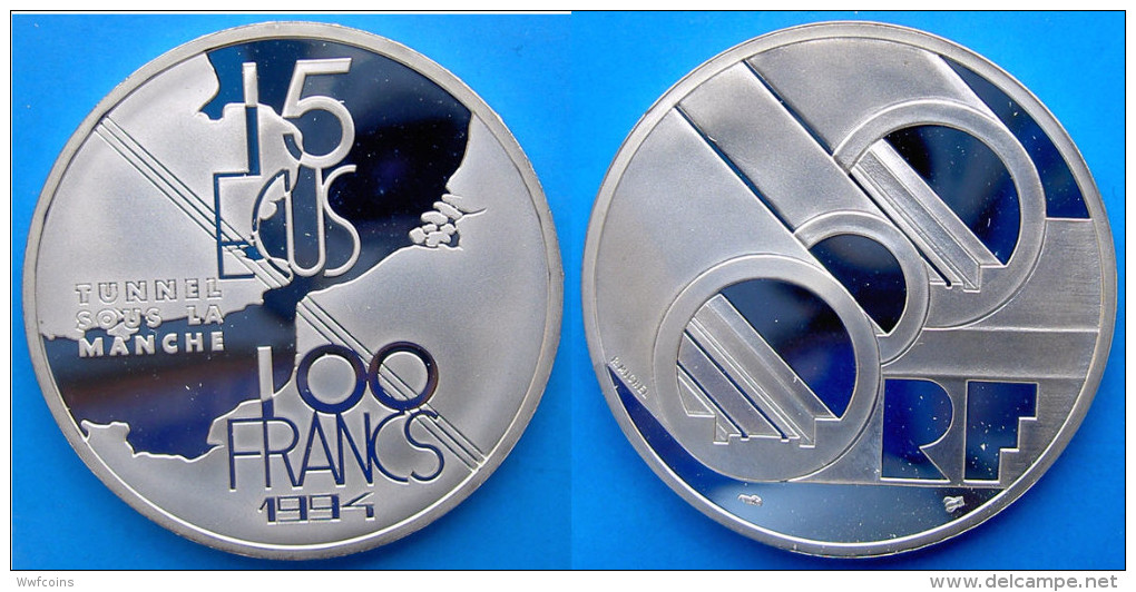 FRANCE 100 F 1994 ARGENTO PROOF SILVER MANCHE TUNNEL SOUS LA PESO 22,2g TITOLO 0,900 CONSERVAZIONE FONDO SPECCHIO UNC. - Autres & Non Classés