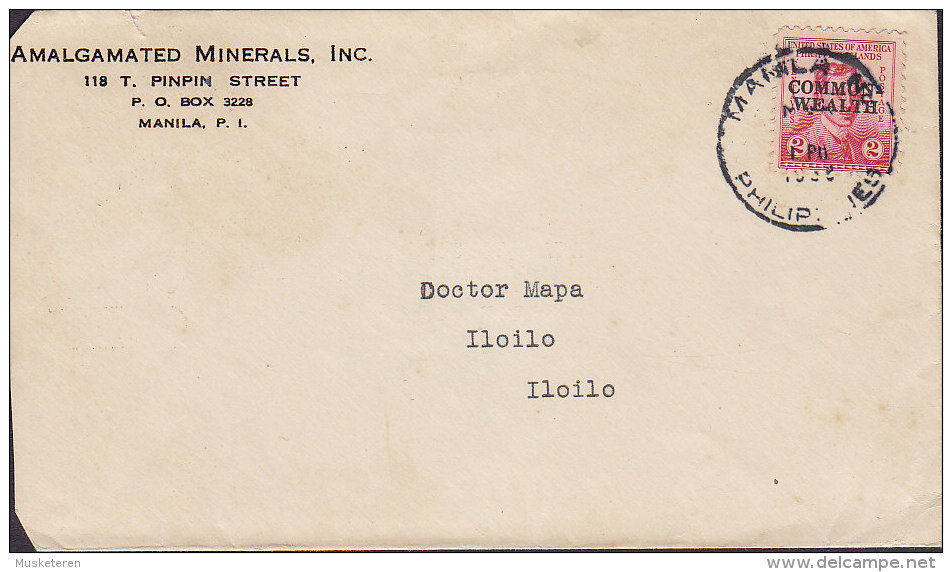 Philippines AMALGAMATED MINERALS Inc., MANILA 1938 Cover Lettre ILOILO, COMMONWEALTH Oveprinted - Philippines