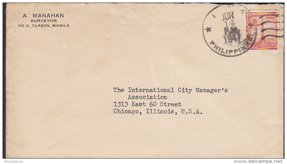 Philippines A. MANAHAN, MANILA 1947 Cover Lettre CHICAGO United States Bonifacio Denkmal Memorial Statue - Philippines