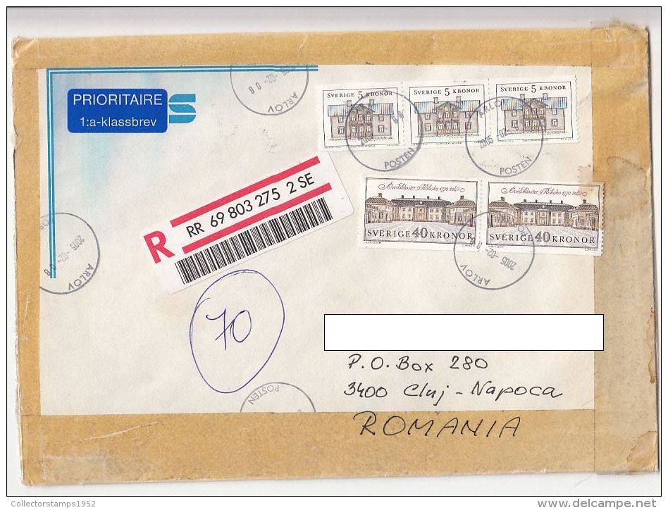 2190FM- ARCHITECTURE, HOUSE, OVEDSKLOSTER MANOR, STAMPS ON REGISTERED COVER, 2005, SWEDEN - Covers & Documents