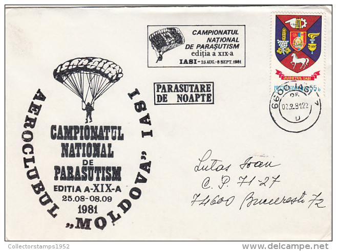 20212- PARACHUTTING NATIONAL CHAMPIONSHIP, NIGHT PARACHUTTING, SPECIAL COVER, 1981, ROMANIA - Parachutting