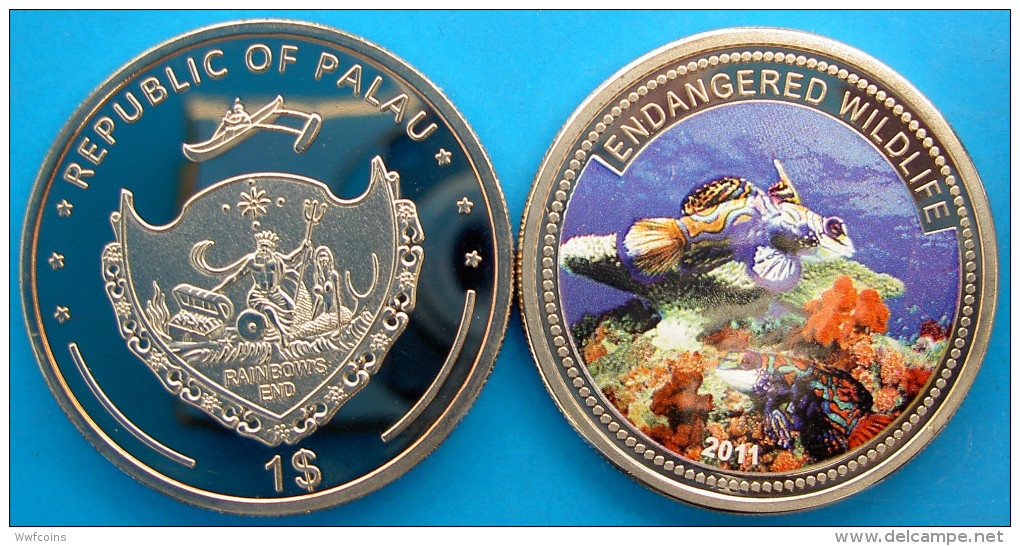 PALAU 1 $ 2011 CU NI PROOF SMALTATA DOLLARO ENDANGERED WILDLIFE MANDARIN FISH PESO 24,6g CONSERVAZIONE FONDO SPECCHIO UN - Palau